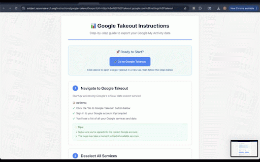 Google Takeout Automation :: Automates Google Takeout: selects My Activity, sets destination to Dropbox, and starts an export.