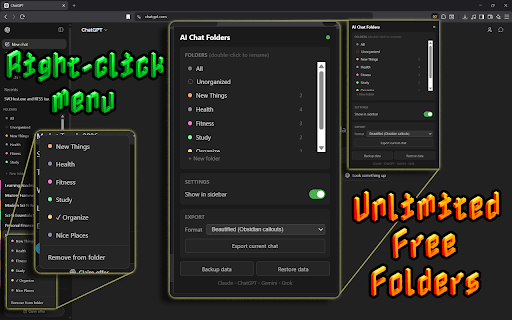 AI Chat Folders — Organize ChatGPT, Claude, Gemini & Grok :: Unlimited free folders for ChatGPT, Claude, Gemini, and Grok. Local-first. Formatted Markdown export included.