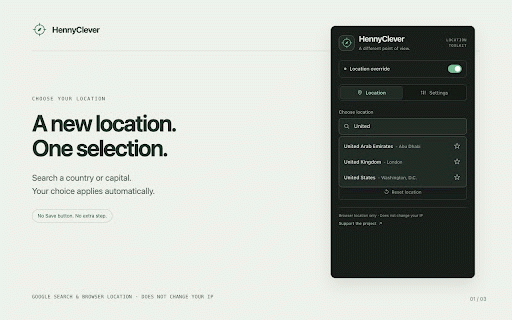 HennyClever — Location Changer for Google Search :: Change browser geolocation and Google search country. Choose a capital, test local search results, and switch languages.