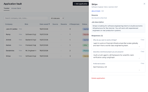 Application Vault :: Capture job applications - the posting, your resume, and every answer you typed - into a local, private tracker.