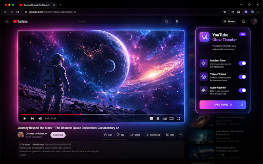 YouTube Glow Theater - Video Enhancer :: Create ambient glow and theater focus around YouTube videos and Shorts. Pro unlocks unlimited glow and saved presets.