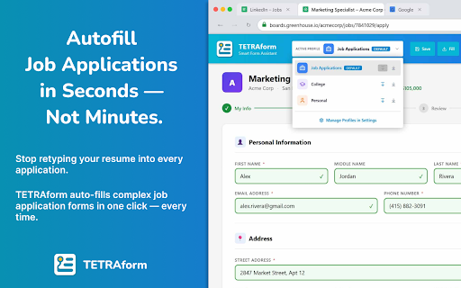 Form Autofill & Filler - TETRAform :: Free form autofill for Chrome. Fill job applications, scholarships & web forms in one click. Multiple profiles, 100% private.