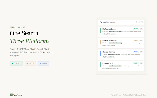 TresPrompt: AI Prompt Optimizer for ChatGPT, Claude & Gemini :: Search, organize, and optimize your AI conversations across ChatGPT, Claude, and Gemini. Folders, full-text search, prompt tools.