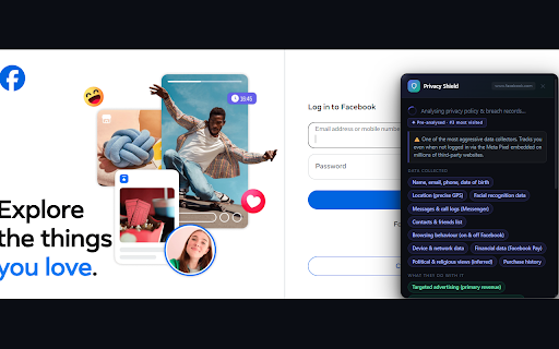Privacy Shield – Terms & Breach Checker :: See what data sites collect, dangerous T&C clauses, and breach history — shown instantly when you sign up or log in.