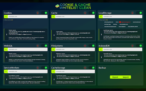 Cookie & Cache Whitelist Clean :: Clear cookies and various types of cache when the browser starts up.