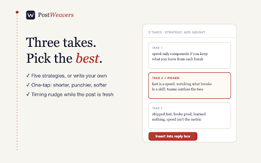PostWeavers: AI Replies in Your Voice :: Drafts X replies in your voice. You read, edit, and press Post yourself. Never automated.