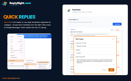 ReplyRight :: AI-powered quick replies and productivity tools for Google Messages. Reply faster, reply smarter.