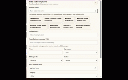 Subscription Guardian :: Privacy-first renewal and free-trial tracker that detects subscription signups as you browse