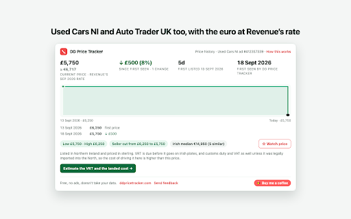 DD Price Tracker – DoneDeal Price History :: Car price history on DoneDeal, Used Cars NI and Auto Trader: every price drop, how long an ad has really been up, import costs.