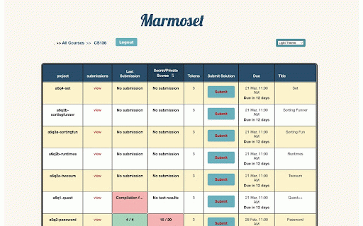 MarmoUI :: A modern skin for UW's Marmoset submission server: themes, live deadline countdowns, inline scores and tokens, easy submissions.
