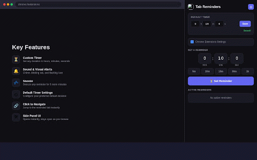 Tab Reminders :: Set reminders for your tabs. Get notified with sound, blinking tab, and snooze support.