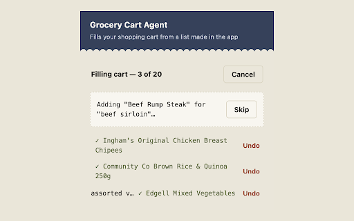 Grocery Cart Agent :: Fills your shopping cart from a list made in the Grocery Cart Agent app. Never checks out — you always review before paying.