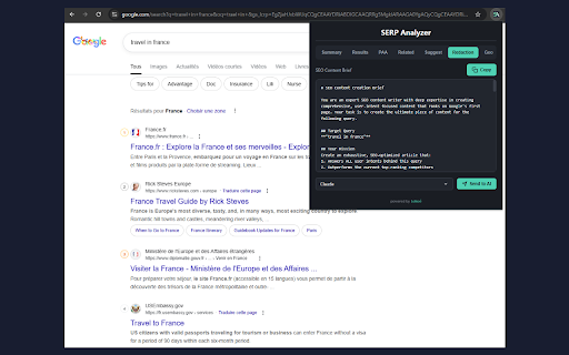 SERP Analyzer :: Analyze SERP positions, simulate geolocation, and extract SEO data (PAA, Suggest, Related) with built-in AI writing prompts.