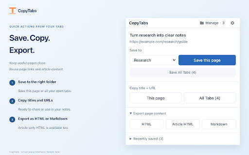 CopyTabs :: Save browser tabs like bookmarks, copy page titles and URLs, and export pages in HTML or Markdown formats