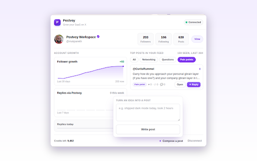 Postvoy - Grow on X :: Spot the posts worth replying to on X and draft on-brand replies in your product's voice. You review and send.