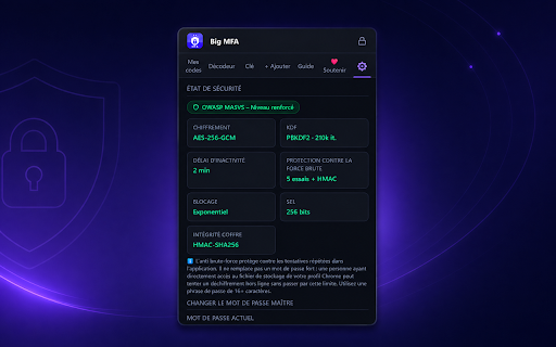 Big MFA :: Secure TOTP/HOTP authenticator with encrypted vault, QR import and offline MFA code generation.