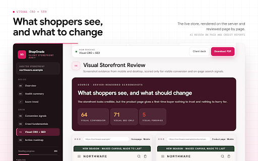 ShopGrade: Store Audit & SEO Checker for Shopify :: Audit public Shopify stores for speed, SEO, trust and conversion. Get a graded score, the evidence and the fixes to make first.