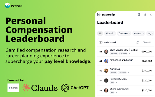 PayPeek: instant salary check on job postings and professional profiles :: Compare paychecks of your connections and build your personal paycheck leaderboard.