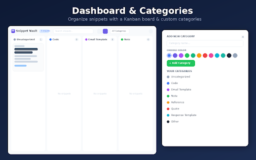 Snippet Vault — Save Text, Tables & Screenshots from Any Page :: Save text, tables & screenshots from any webpage. Organize with categories, dashboard & tags. Search, pin and reuse instantly.