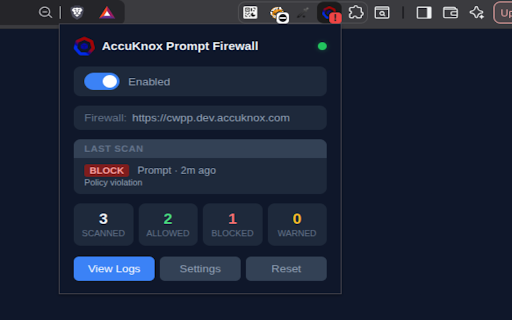 AccuKnox Prompt Firewall :: Scans AI assistant prompts and responses through AccuKnox Prompt Firewall for security and compliance