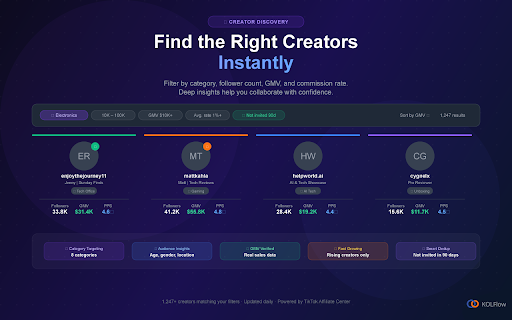 KOLFlow: TikTok Creator Outreach & Influencer CRM :: Find, message, and manage TikTok creators in one place — organize KOLs, track outreach, and scale influencer collaborations.