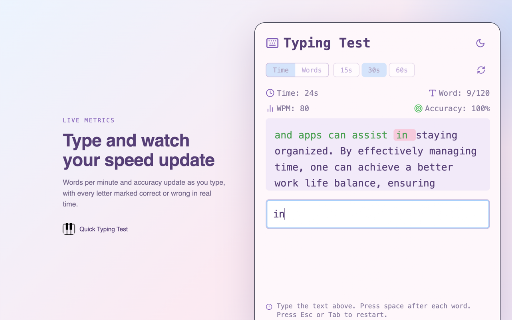 Quick Typing Test :: Measure your typing speed and accuracy in the popup, with live WPM, timed and word-count tests, and a saved progress graph.