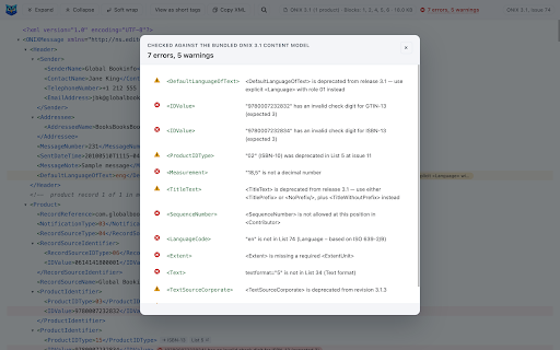 ONIX Viewer :: Readable ONIX XML in Chrome: collapsible tree, product summaries, inline EDItEUR code-list labels and automatic validation.