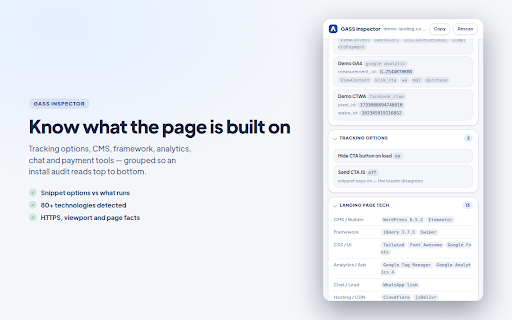 GASS Landing Page Inspector :: Detect GASS tracking install (JS, CTA link, visitor_id) plus Meta/TikTok pixels and page tech.