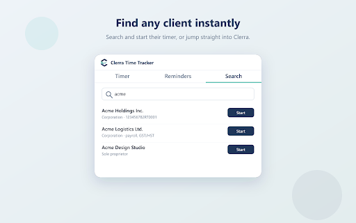 Clerra Time Tracker :: Track time per client, see upcoming filing reminders, and quick-search clients. Syncs with Clerra.
