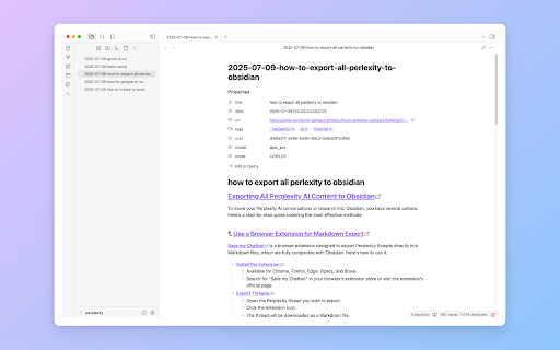 Perplexity to obsidian - Batch Export :: Bulk Export all your PerlexityAI conversations to markdown files with one click