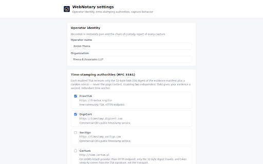 WebNotary — Evidence-Grade Web Capture :: Tamper-evident web capture: MHTML + screenshot, SHA-256 digests, RFC 3161 trusted timestamps, chain-of-custody PDF. 100% local.