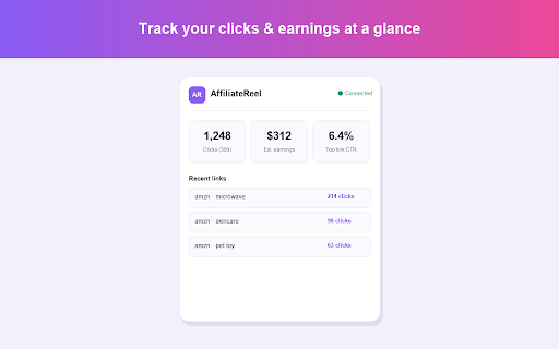 AffiliateReel for Influencers :: Find Amazon Creator Connections & commission %, grab affiliate links, and accept campaigns in one click. Your Amazon copilot.