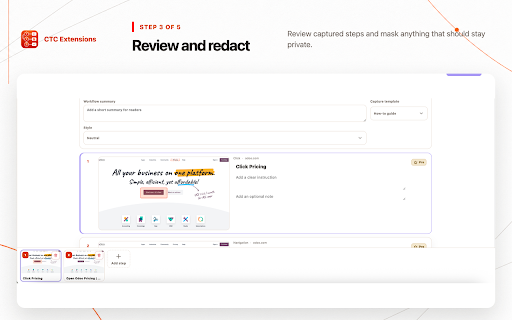 AI Workflow Recorder: SOP & Guide – CTC Steps :: Record browser workflows, edit visual SOPs and guides, and create clear results with reviewable Automate with AI plans.