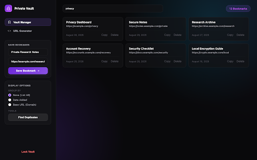 Private Bookmarks :: Securely store and manage bookmarks separate from your browser's history, encrypted using a master password.