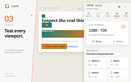 Visor — Local Visual Inspector :: Inspect CSS, measure spacing, test responsive viewports, audit page design, and export local visual changes.