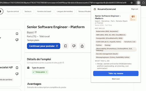 ResumeCommand — Tailor for this job :: Extract a job posting from the current page and tailor your master resume to it, without leaving the page.