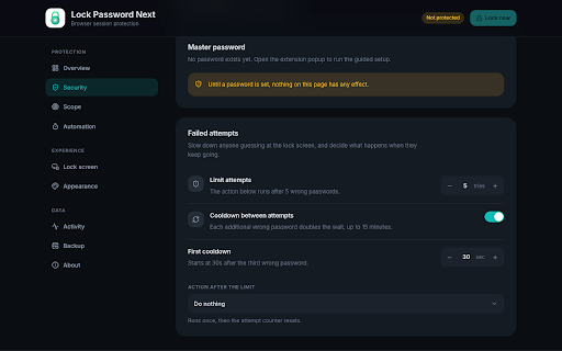 Lock Password Next :: Password-lock your browser session. Hotkey and idle auto-lock, per-site scope, recovery codes and a local audit trail.