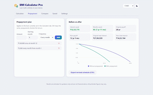 EMI Calculator Pro :: Calculate loan EMIs, amortization schedules, prepayment savings and loan comparisons — fully offline, no ads, no tracking.