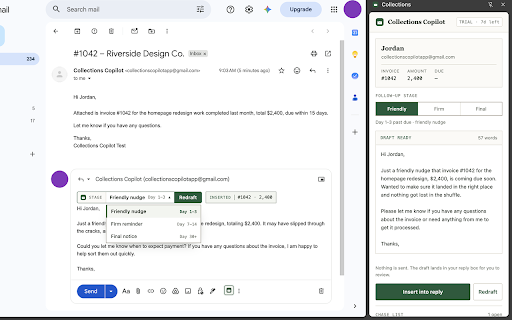 Collections Copilot - Overdue Invoice & Payment Reminders for Gmail :: Overdue invoice and payment reminder emails, drafted inside Gmail. Friendly, firm, or final notice, written from the thread.