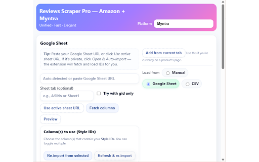 Reviews Scraper Pro — Amazon + Myntra :: ### What it does:
Collects publicly visible product reviews from Amazon.in and Myntra and exports a neatly formatted Excel (.xlsx)…