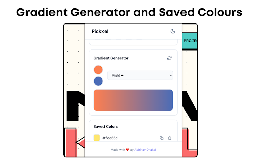 Pickxel - Color Picker, Eye Dropper & Gradient Generator for Chrome :: Advanced Color Picker & Eye Dropper tool. Pick Hex/RGB/HSL colors from any website, generate CSS gradients & save palettes.