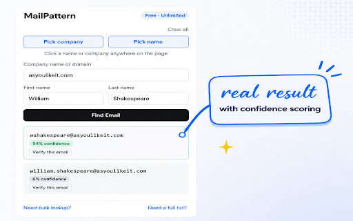 MailPattern - Free Email Finder :: Instantly guess anyone's work email from their company domain. Free, unlimited, no strings attached.