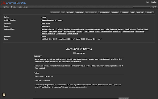 AO3 Silver Reader :: Read AO3 stories in a distraction-free, Silver Reader paginated reader.