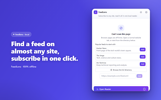 FeedLens — AI RSS Reader :: Find feeds on any site, read them in a clean local reader, and let AI cut the flood. No account needed.