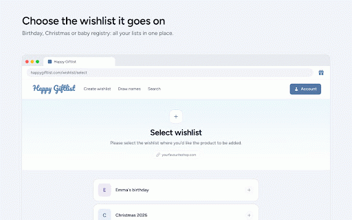 Happy Giftlist :: Add any product from any web shop to your Happy Giftlist wishlist in one click. Free, and friends can reserve without spoiling it.
