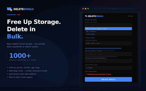Delete Emails : Mass delete emails on gmail :: Easily mass delete emails on gmail. Bulk remove spam, clean up your inbox, and free up storage space with one click.