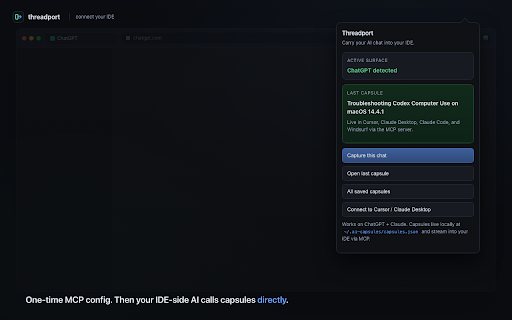 Threadport :: Carry your ChatGPT or Claude chat into Cursor, Claude Desktop, Claude Code, and Windsurf via MCP.