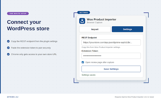 Dprime Woo Product Importer :: Capture product pages from any website and send them to WooCommerce through the Dprime Woo Product Importer plugin.
