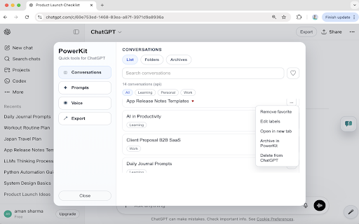 PowerKit for ChatGPT :: Organize conversations, save and reuse prompts, use voice tools, and export chats faster inside ChatGPT.