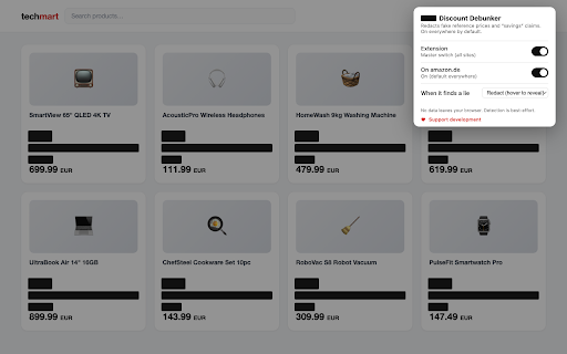 Discount Debunker — Redact Fake Sale Prices :: Blacks out fake strikethrough prices and bogus savings claims on shopping sites. Hover to reveal. No data collection.